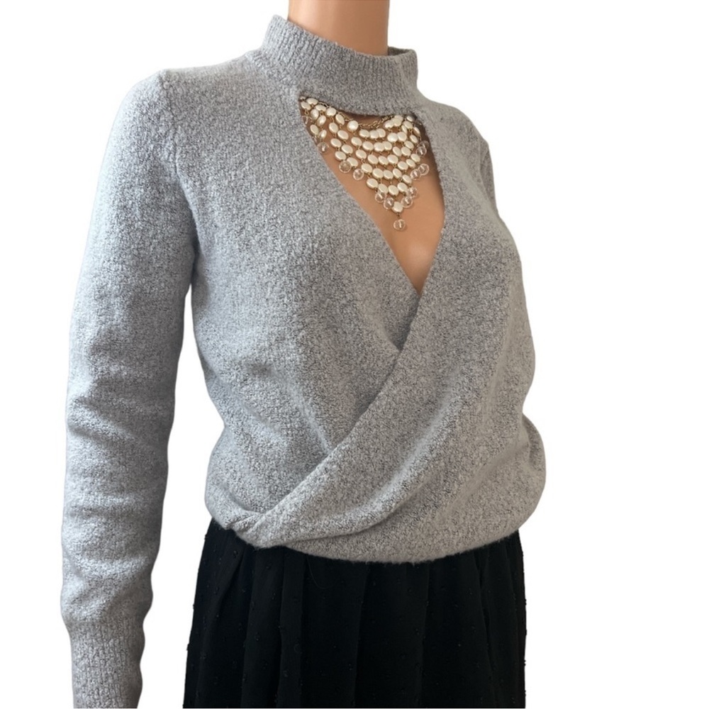 LE Chateau Stone V Neck Cross Wrap Turtleneck Sweater